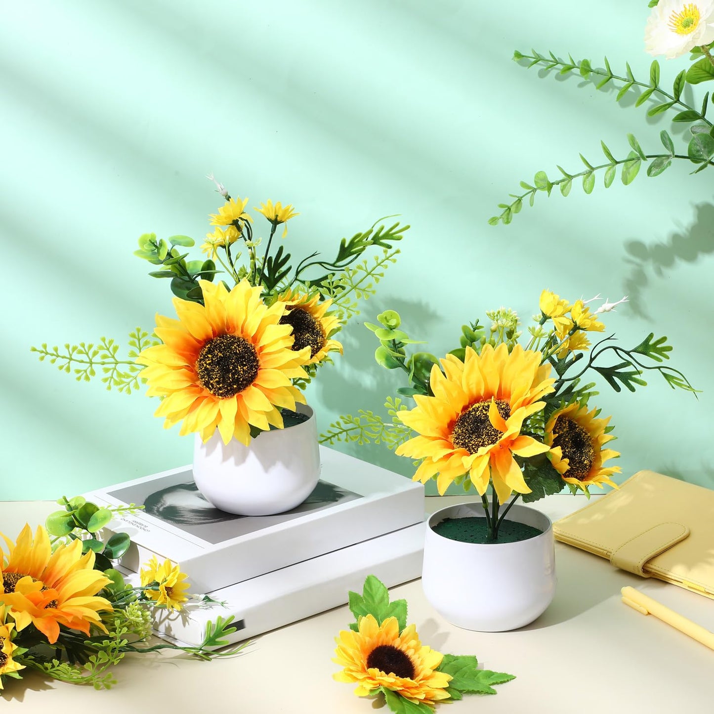 Zeyune 4 Pcs Sunflower Potted Plants Rustic Summer Spring Kitchen Wedding Table Centerpieces Silk Yellow Fake Flower with Plastic Pot for Home Bathroom Office (Classic,Sunflower)