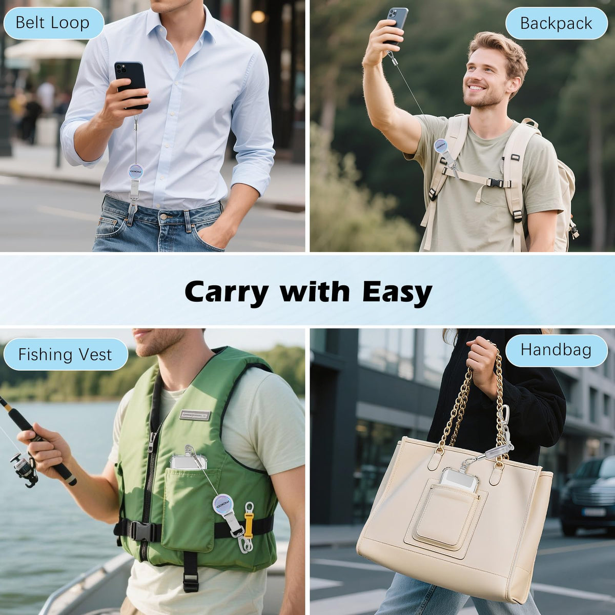 MoKo Anti-theft Phone Tether, Universal Phone Lanyard Retractable Steel Line Cellphone Strap with Locking Carabiner and Metal 360° Tether Tab for Outdoor Hiking Climbing Fishing, Transparent & Silver