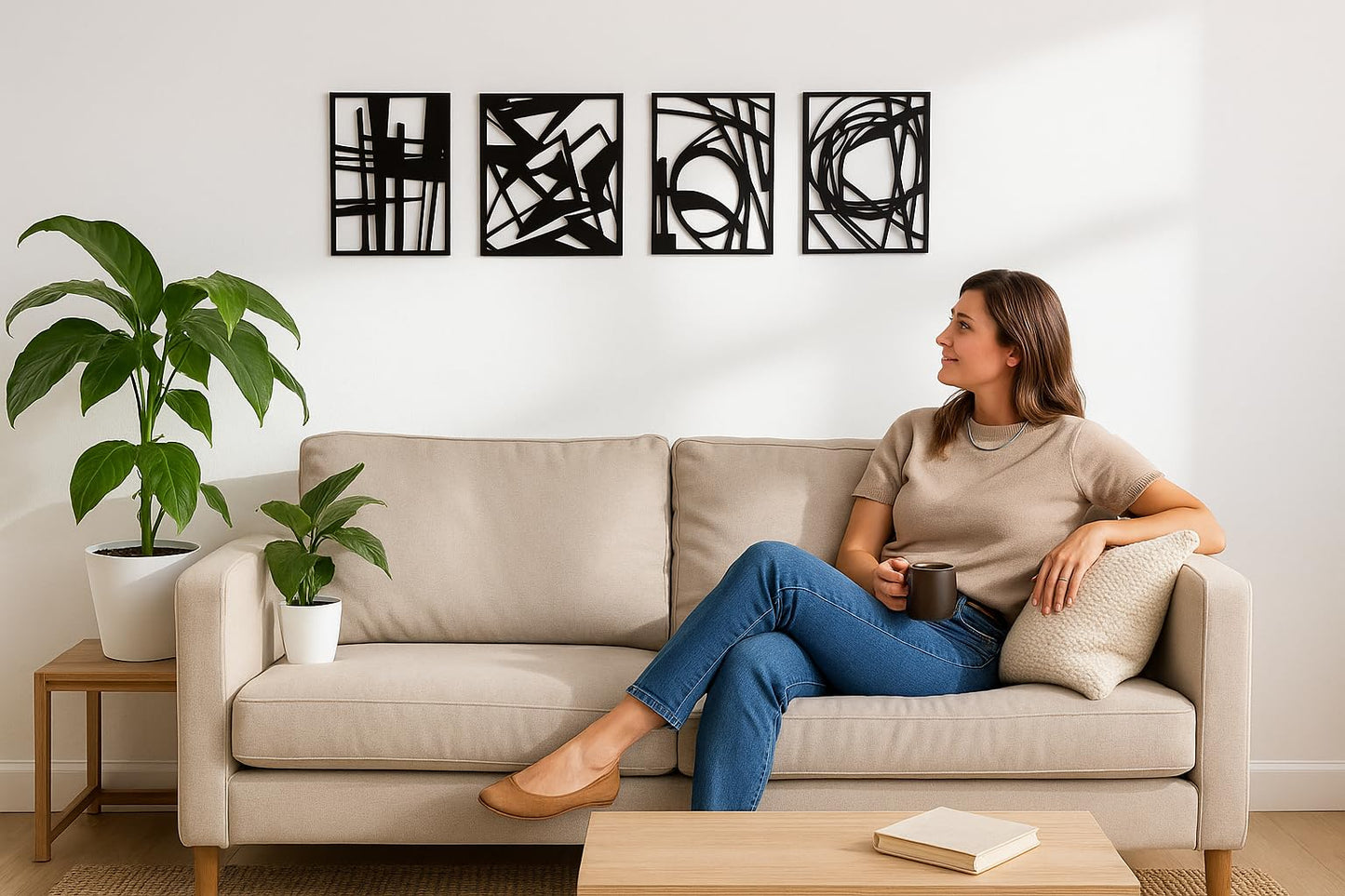 Modern Black Abstract Wall Art – 4 Panel Set (16x11”) – Minimalist Metal Artwork for Living Room, Bedroom, Office – Contemporary Home Decor, Easy to Hang
