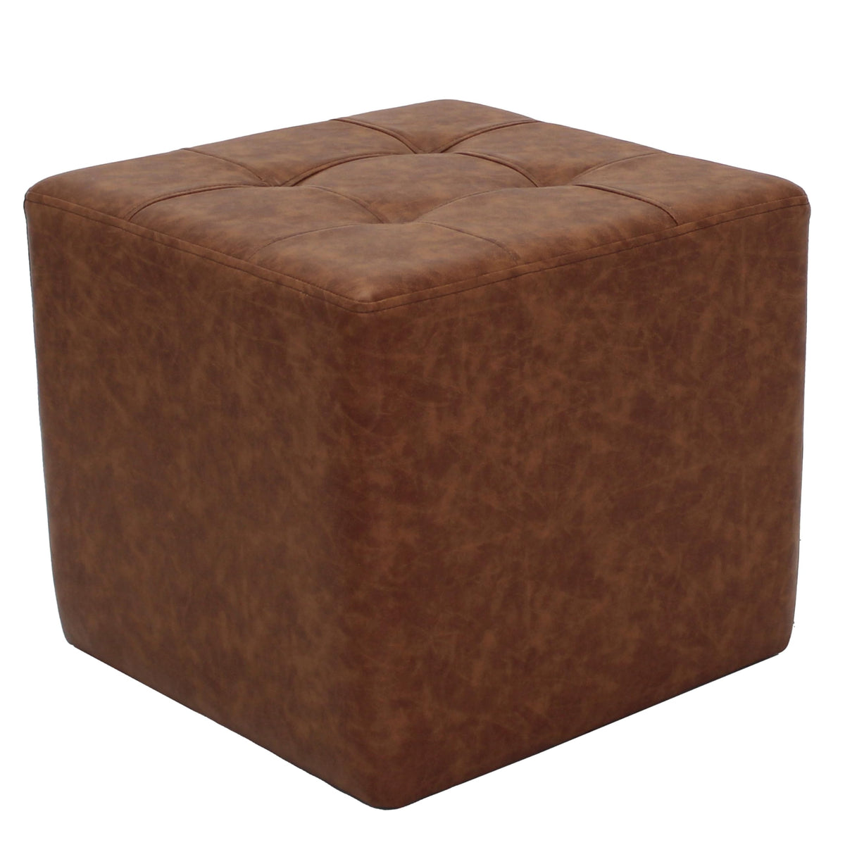 Factory Direct Partners Tufted Square Accent Ottoman; Distressed Faux Leather, Hand Upholstered Commercial-Grade Furniture for Home or Office; Seating, Footstool, Side Table Use - Hazelnut, 13381-322