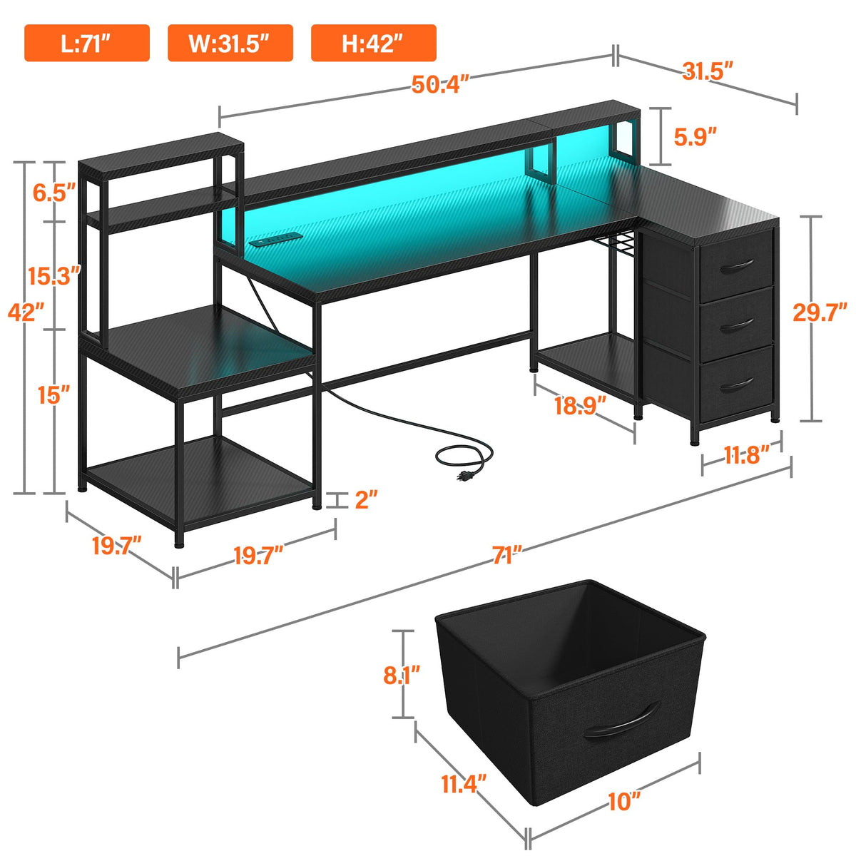 71" L Shaped Gaming Desk with 3 Drawers & Hutch,Computer Desk with Monitor Stand & Power Outlet,Home Office Desk Reversible Black Desk with LED Light,Printer Shelf for Home Office,Black Carbon Fiber