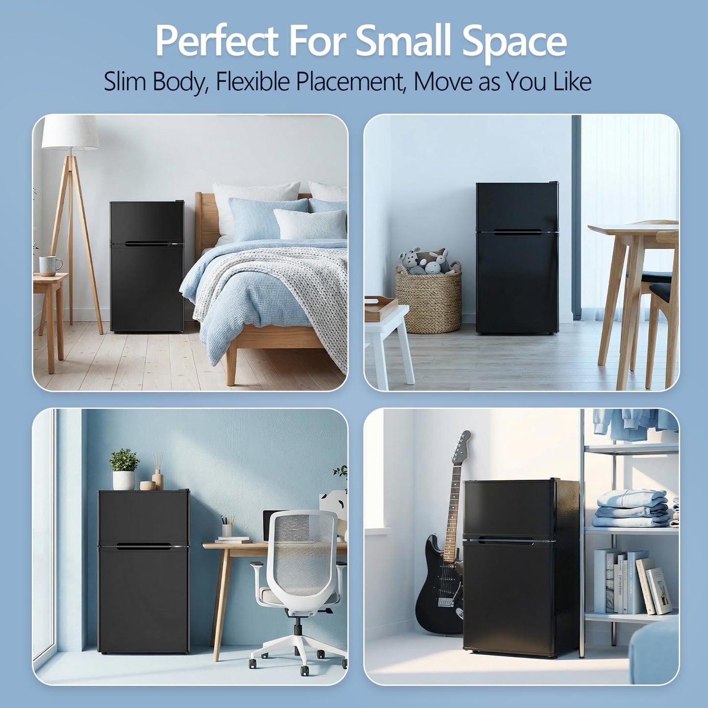 Electactic 2.5 Cu.Ft Mini Fridge with Freezer, Double-Door Compact Refrigerator, Adjustable Glass Shelves, Mechanical Thermostat & Built-in Casters, Space-Saving for Apartment/Dorm/Office, Black