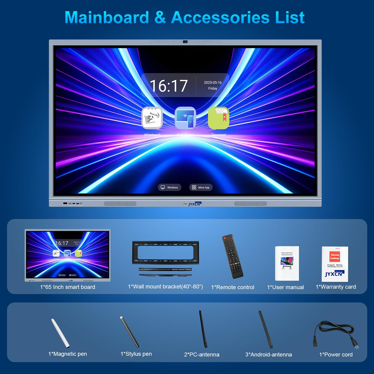 JYXCN 65" Smart Board, UHD 4K Interactive Digital Whiteboard Smartboard Android 11 & Windows 10 Dual System 8+256 GB & 20MP Camera | Touchscreen Electronic Smart Boards for Classroom Office Home