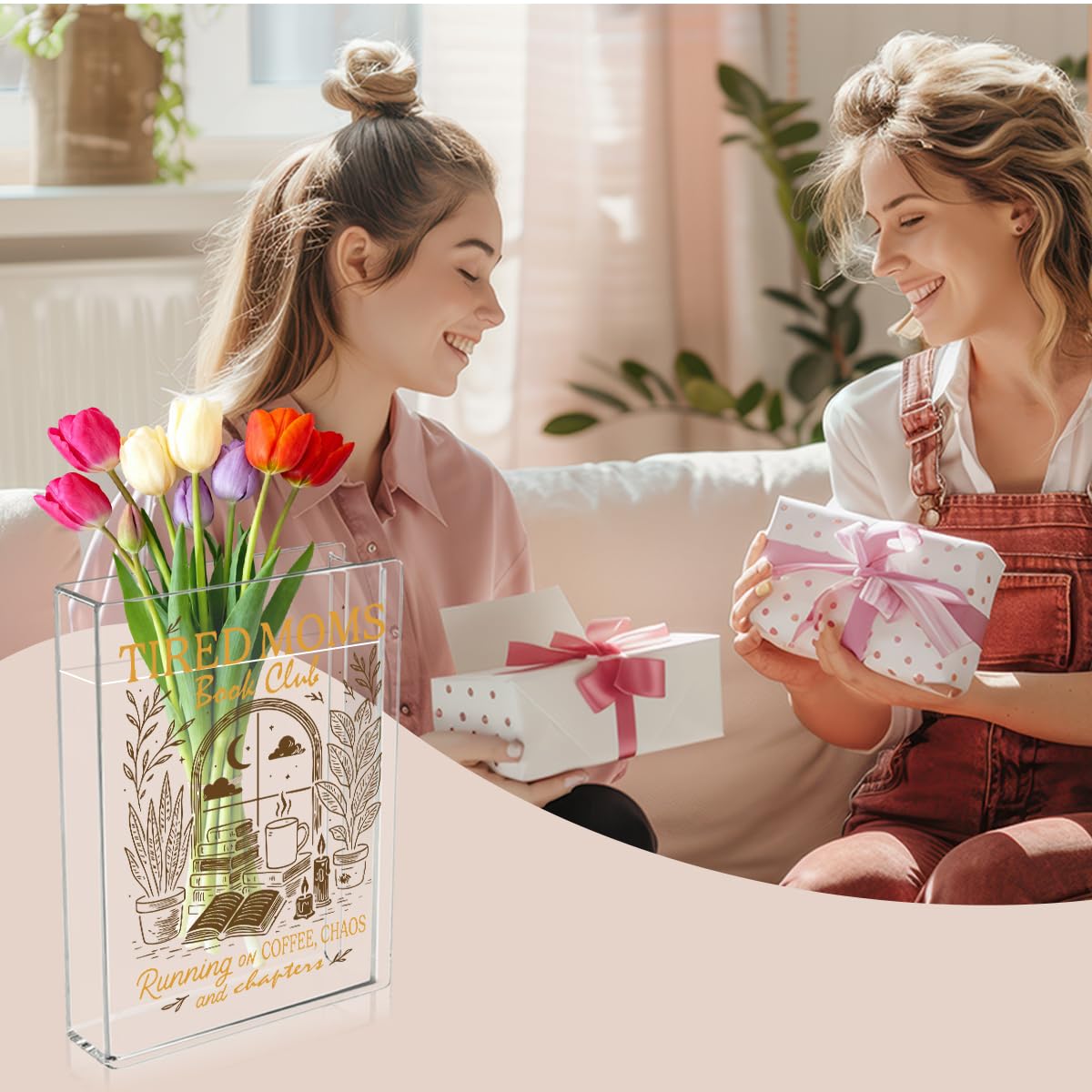 Moms Book Flower Vase Mothers Day Birthday Book Lover Gifts for Mom Mother from Daughter Son Coffee Chaos and Chapters Tired Moms Funny Acrylic Book Shaped Vase Decor for Home Office Table Vase 3804