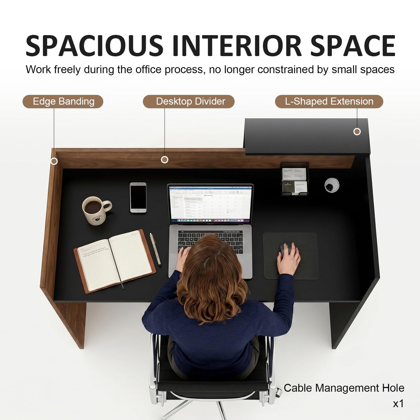 YTElantivo 63″ L-Shaped Reception Desk with Counter – Modern Office Front Desk for Salon, Clinic & Retail, Spacious Workstation, Easy Assembly, Black-Brown Receptionist Desk