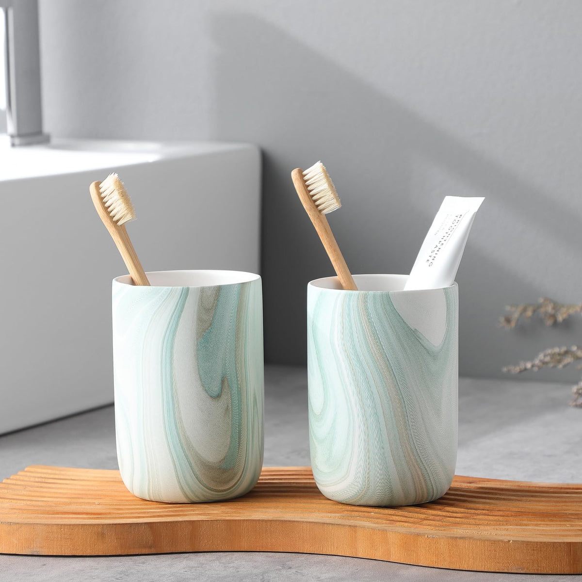 Green Marble Toothbrush Holders - Ceramic Toothbrush Holders for Bathrooms, Toothbrush Toothpaste Holders, Marble Bathroom Tumbler Cups Reusable Toothbrush Mouthwash Cup, Bathroom Counter Organizer