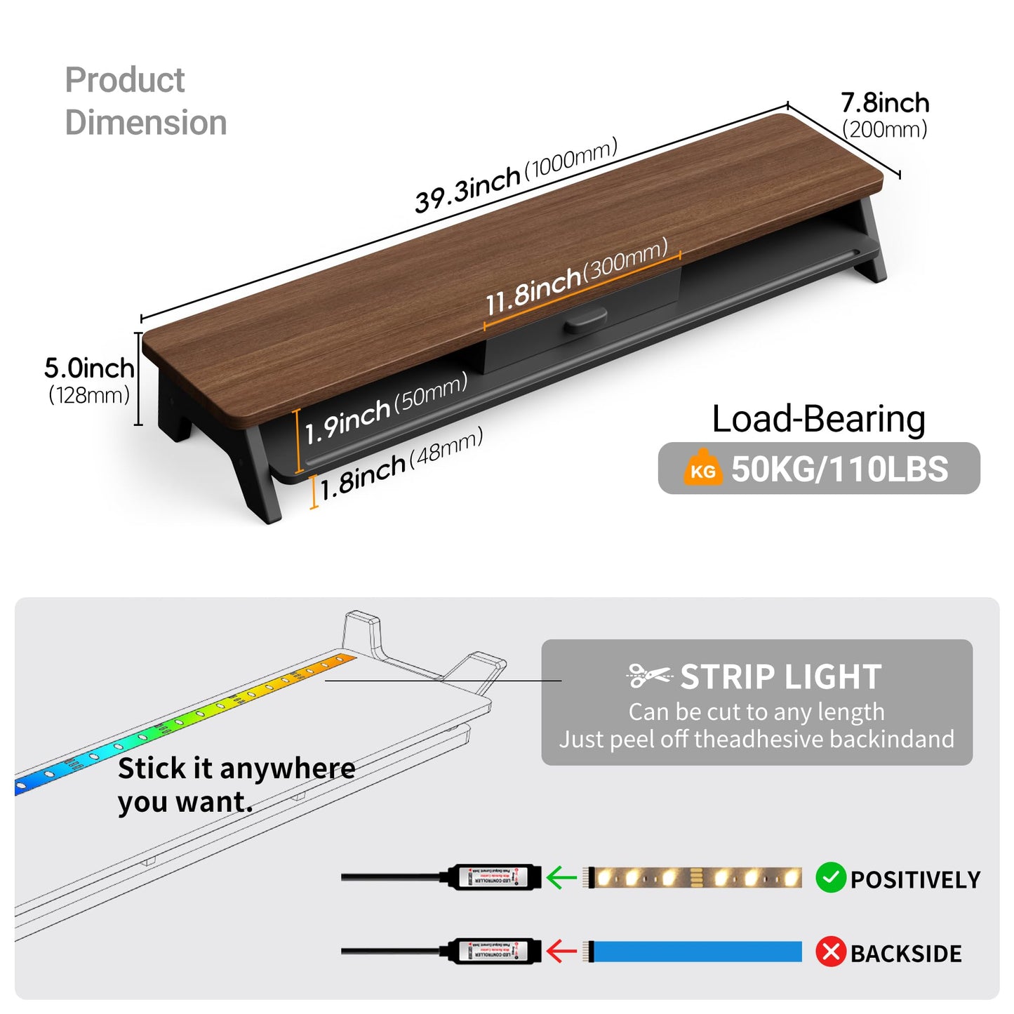 AFOOYO Dual Monitor Stand Riser,LED 2-Tier 39.3 Inch Computer Monitor Stand for 2 Monitors,Office Desktop Organizer with Storage Drawer and Phone Holder for Laptop,PC,Computer,Printer,Walnut