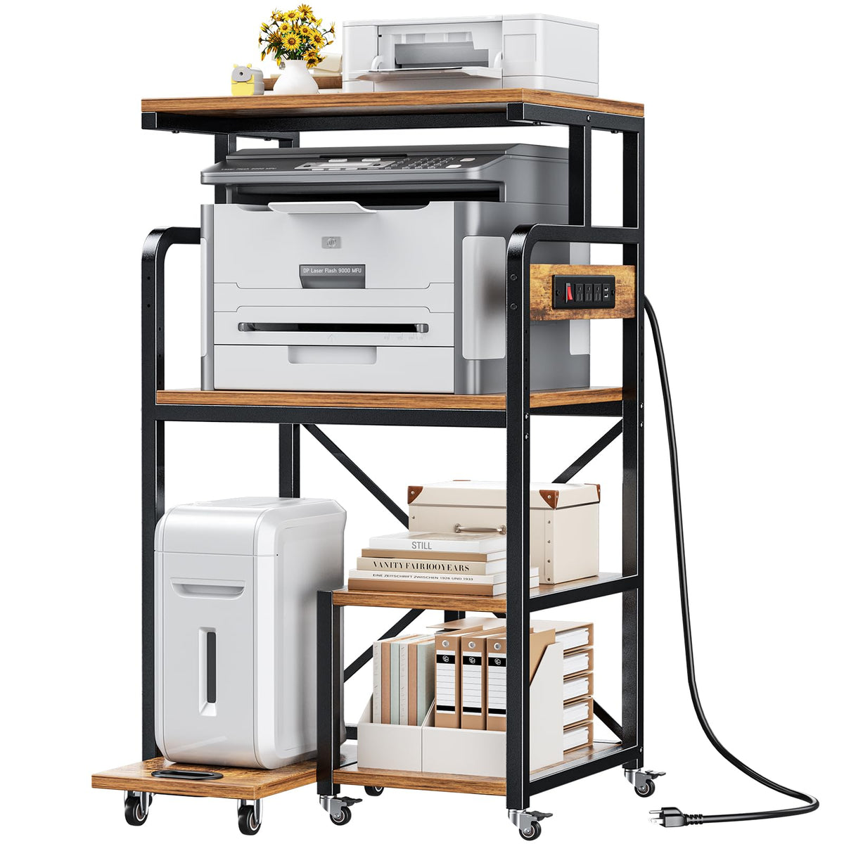 POKIPO Large 4 Tier Printer Stand, 26.7 x 21.2 x 50.2 Inches Tall Printer Cart with Power Outlets 4-Adjustable Heavy Duty Rolling Shelf for Home Office Kitchen Stand for Paper Shredder Mini Fridge