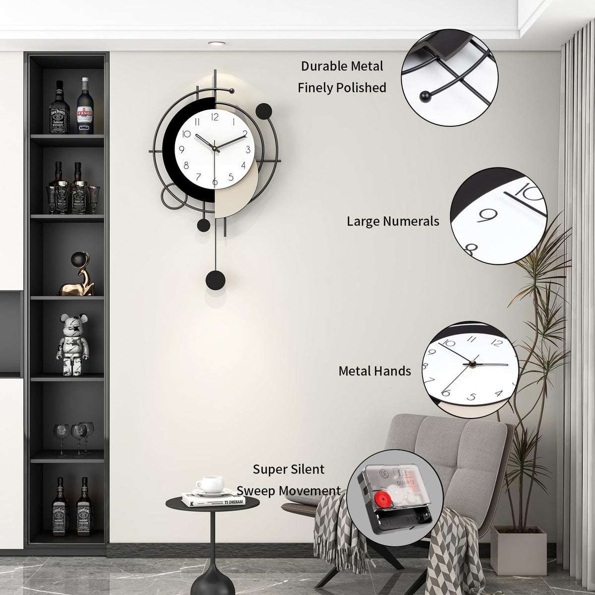 JTWALCLOCK Large Wall Clock for Living Room Decor Modern Decorative Black Wood Wall Clock with Pendulum Battery Operated Non Ticking for Kitchen Bedroom Office 23 Inch Big Silent Art Clock for Home