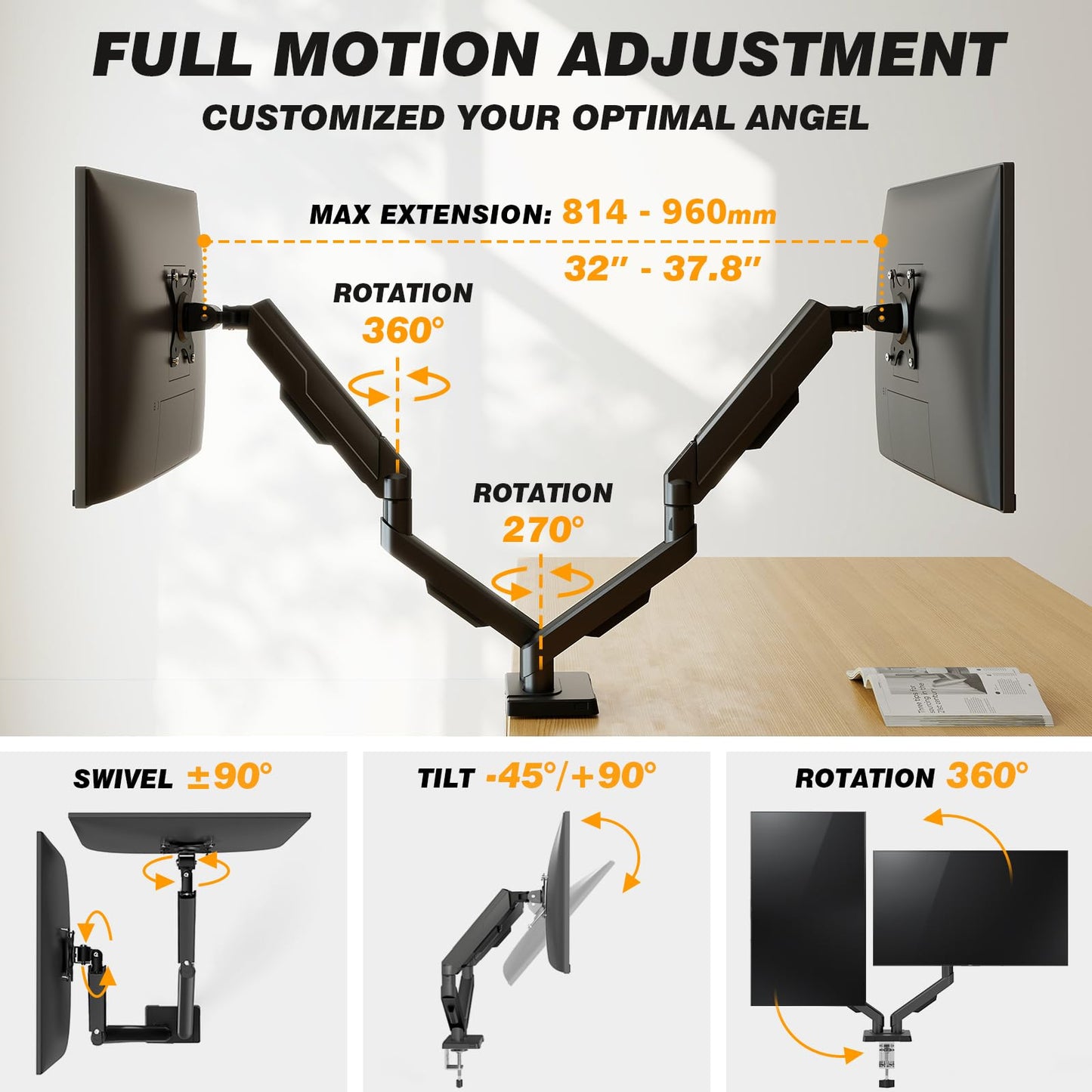 5Rcom Dual Monitor Stand for 17-34 inch Computer Screens, Full Motion Monitor Dual Monitor Arms, Dual Monitor Arms Hold up to 22lbs, Gas Spring Monitor Stand, 75/100mm VESA Mount