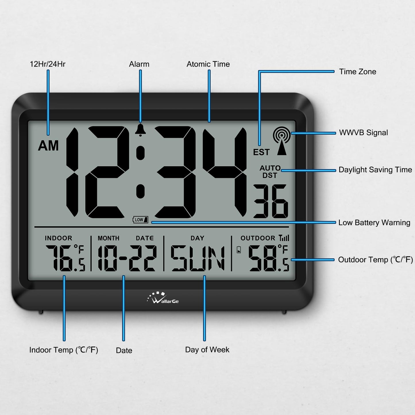 WallarGe Atomic Clock with Indoor Outdoor Temperature - 8.5'' Digital Clock Battery Operated, Self-Setting, 4 Time Zones, DST