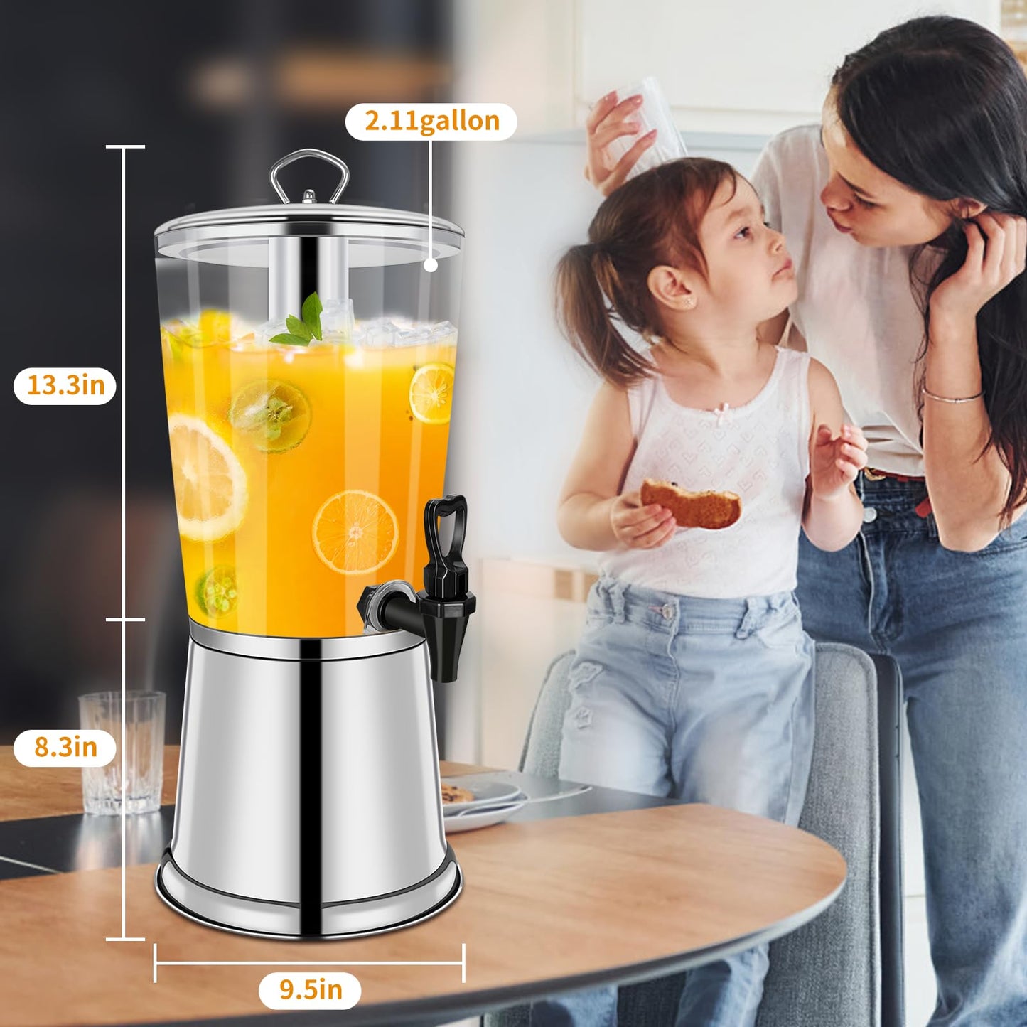 Hijolla Beverage Dispenser With Stand, Iced Beverage Drink Dispenser, Stainless Steel Water Jar with Ice Container, Lemonade Drink Jar Jug For Buffet, Parties, Clear Acrylic, 2-GALLONS 8-L