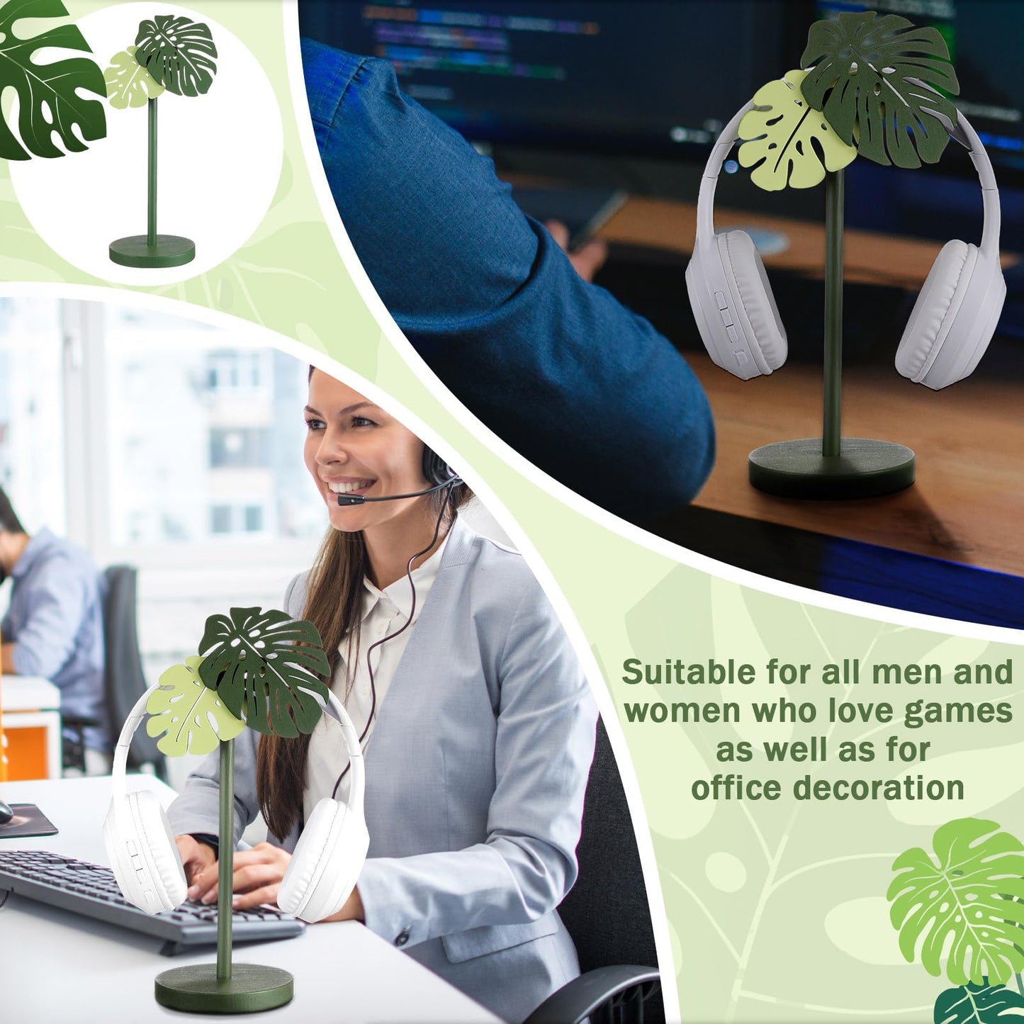 Yookeer Monstera Headphone Stand Cute Headphone Stand Decorative Palm Leaves Wood Desk Decor for Gamer Room Office Desk Gaming Gifts for Girlfriend Office Worker