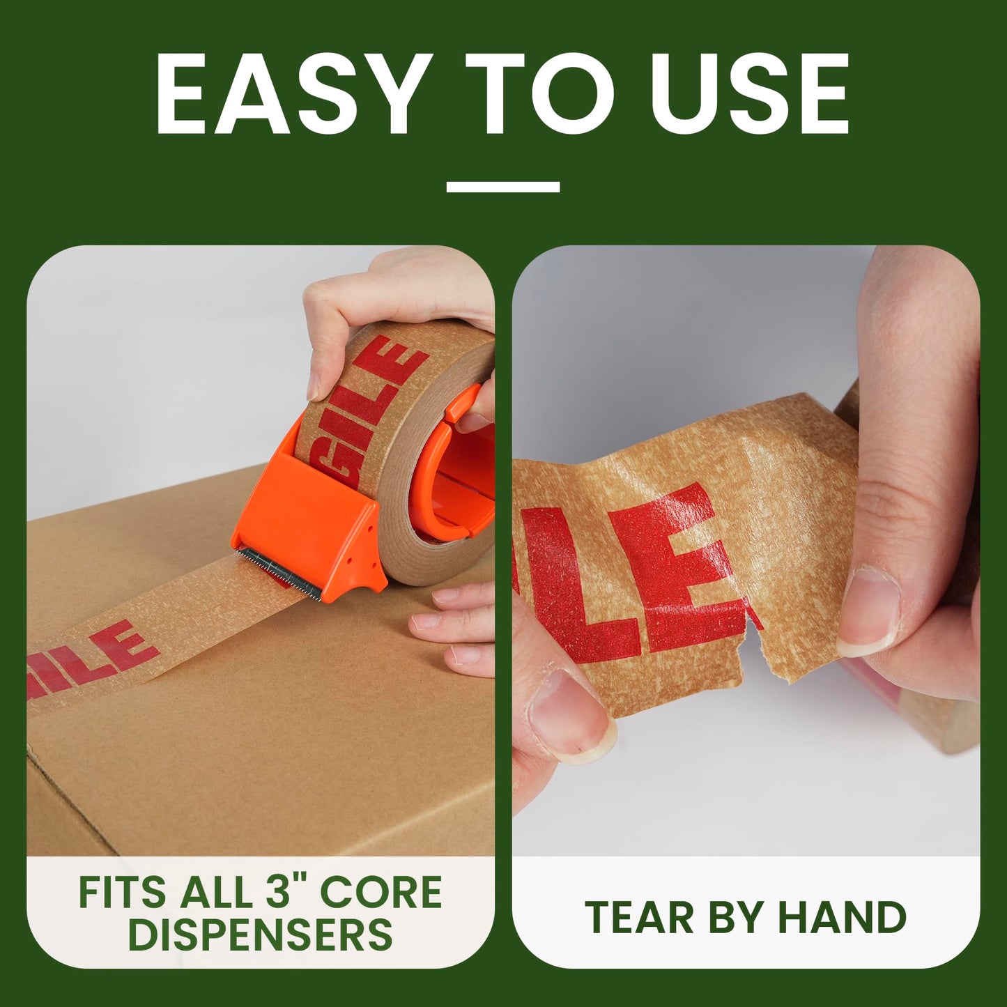 TAPEBEAR Fragile Tape Eco-Friendly Kraft Paper Tape 2Inch x 55Yard, Biodegradable Packaging Brown Paper Tape Self Adhesive Box Tape for Small Business, Shipping, Sealing, Moving, 3Rolls