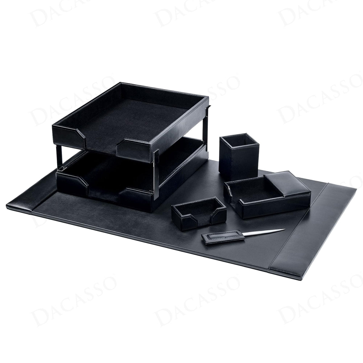 Dacasso Black Bonded Leather 8-Piece Desk Accessory Set - Organization Essentials & Executive Decor - Luxury Leather Blotter for Office Organization