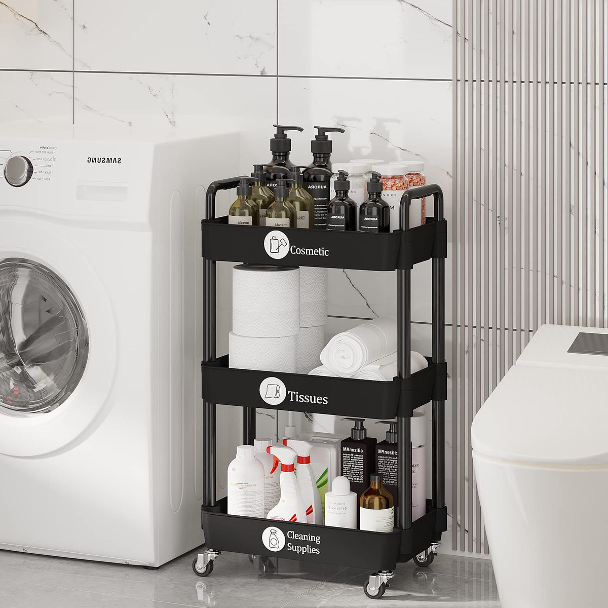 Laiensia 3-Tier Storage Carts,Multifunction Utility Rolling Cart Kitchen Storage Organizer,Mobile Shelving Unit Cart with Lockable Wheels for Bathroom,Laundry,Living Room,With Classified Sticker,Black