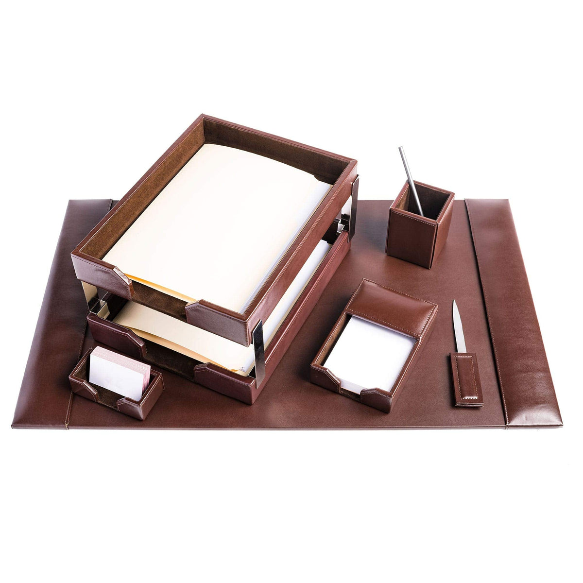 DACASSO Bonded Leather Desk Set - Luxury Leather Desk Pad & Desk Organization Essentials - Office Organization & Executive Desk Decor - (Dark Brown, 8 Piece)