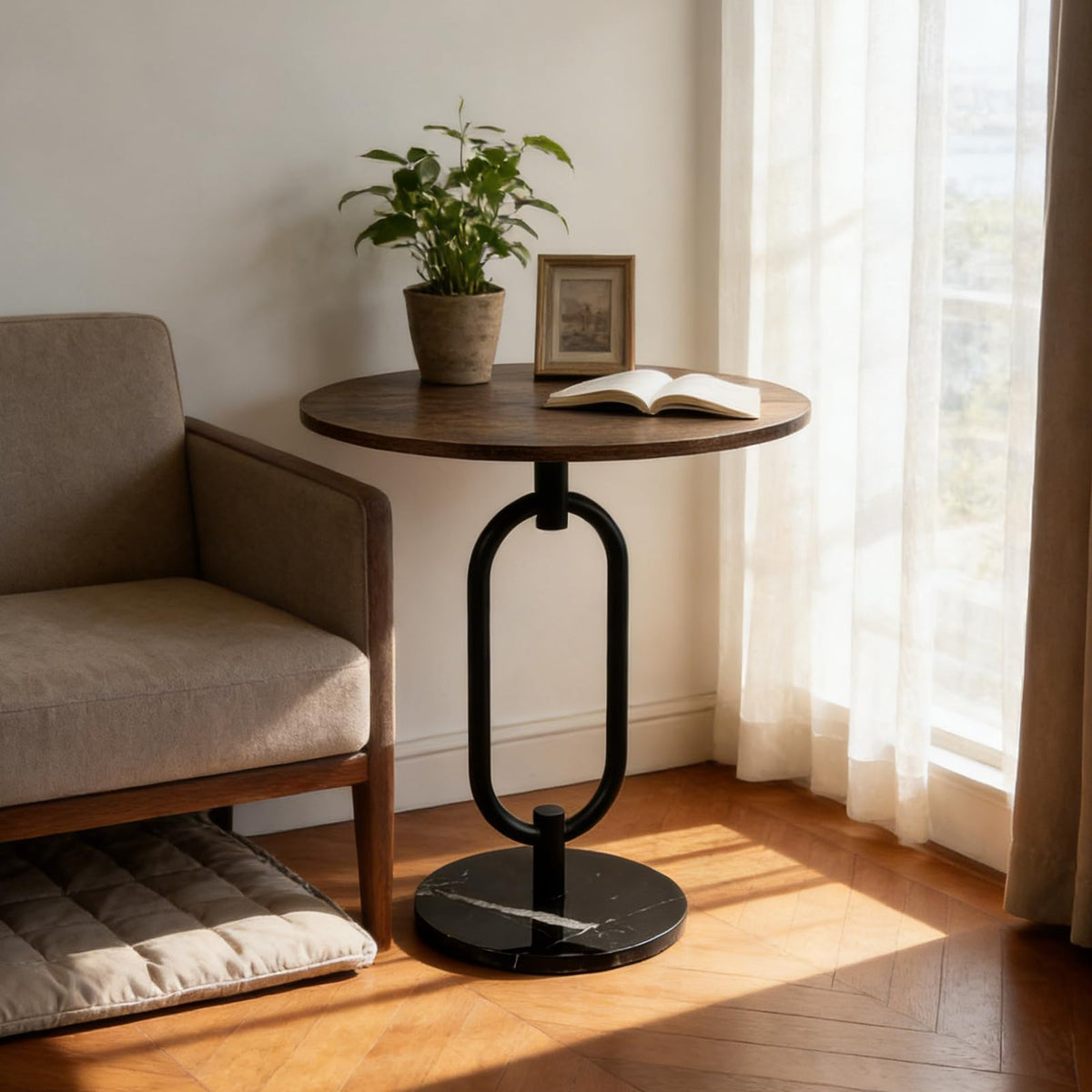17In(W) x19In(H) Round End Table Heavy Duty Modern Side Table Stable Sofa Side Table Marble Base Accent Coffee Table Nightstand for Living Room Bedroom-Amber