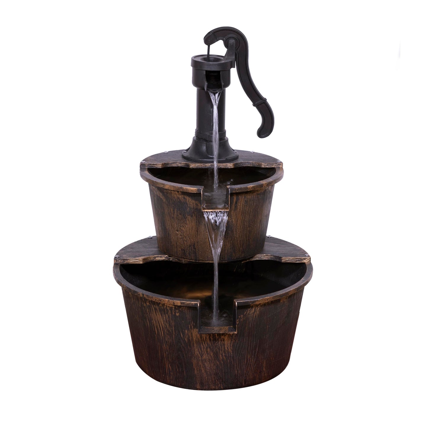 Alpine Corporation 27" Tall Rustic Outdoor 2-Tier Barrel Pump Water Fountain with Soothing Cascading Water Flow for Patio, Yard, Porch, or Landscape, Bronze