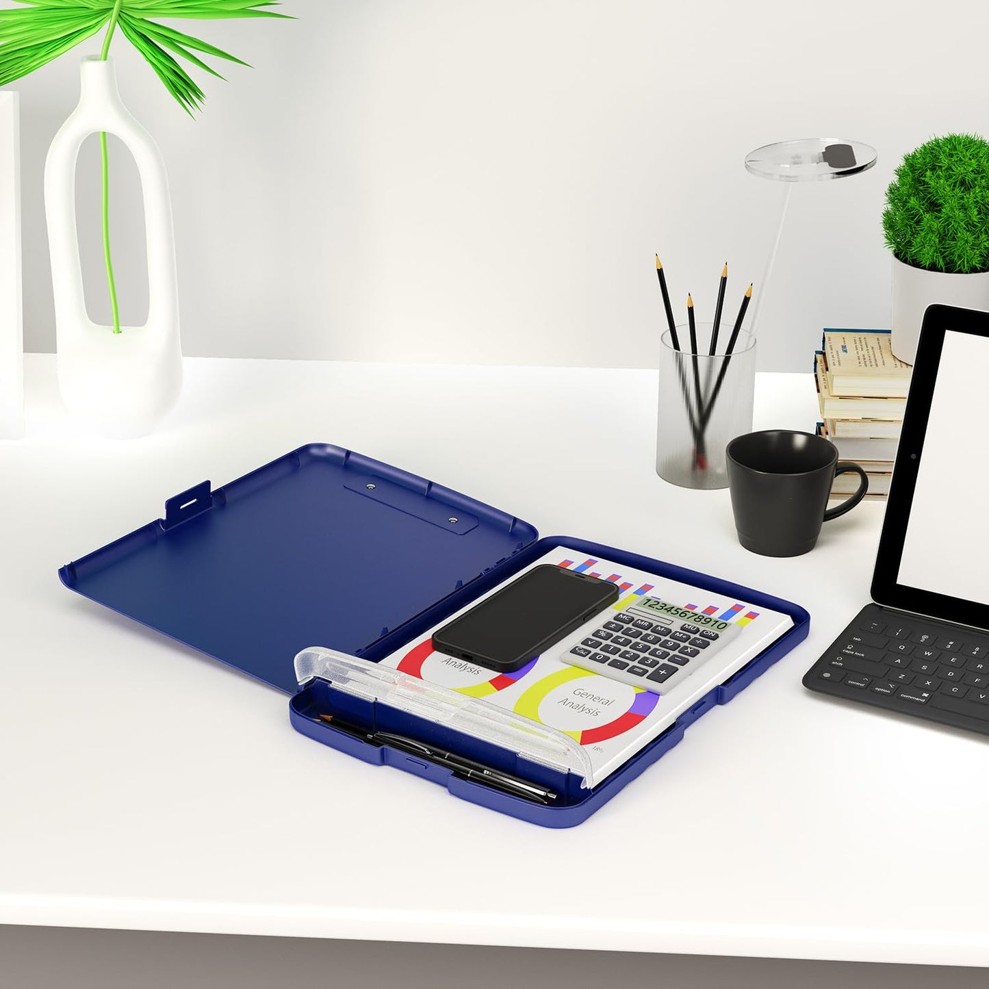 Piasoenc Clipboard with Storage, 8.5 x 11 Organization Box with Pen Holder and A4 Legal Paper Folder, Heavy Duty Plastic, Folio & Side-Opening, Low Profile Clip for Nurses, Teachers,Navy Blue