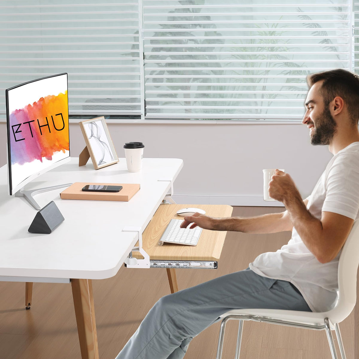 ETHU Keyboard Tray Under Desk, 19.7" X 12.2" Small Size C Clamp Keyboard Drawer Under Desk, Computer Keyboard Stand Slide Pull Out, Ergonomic Keyboard Tray for Home, Office (Oak)