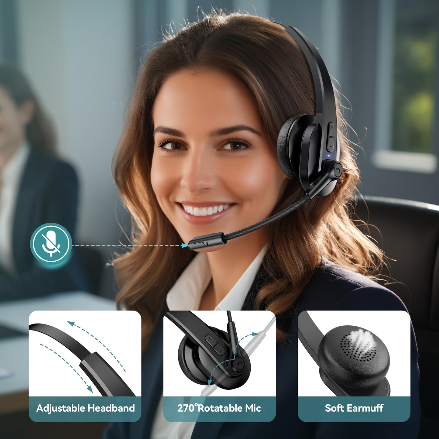 Sarevile Bluetooth Headset with USB Dongle for Computer, Single-Ear Wireless Headset with Noise Cancelling Microphone for Office & Truckers, Bluetooth V5.2 with Mute Button for Work