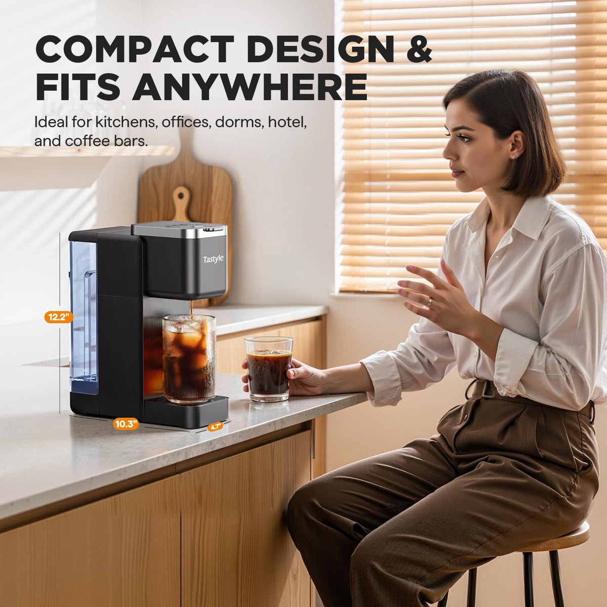 Tastyle Single Serve Coffee Maker, Iced and Hot Coffee Machine for K Cup & Grounds, Compact Design, 40oz Removable Water Reservoir, 6 to 24 Oz Brew Sizes, Fits 7.3" Travel Mug, Black