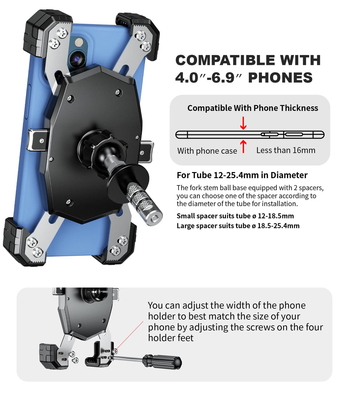 Kewig Motorcycle Fork Stem Phone Mount, Motorcycle Phone Mount, 1S One-Push Automatically Lock & Release, Fits for Fork Stem 12-25.4mm in Diameter, for 4.0-6.9" Cellphones