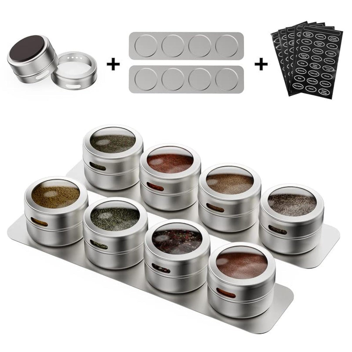 Vetacsion Set of 8 Magnetic Spice Tins with 2 Metal Wall-Plates,100 Preprinted Seasoning Label Stickers,2 Styles for 3 oz Herb Jars