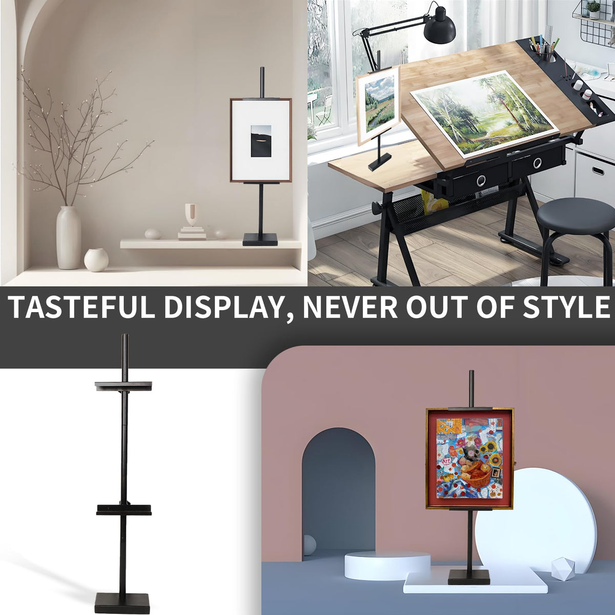 Adjustable Tabletop Easel Stand for Picture Frames & Canvas - All-Metal Display Easel with 28" Height, Table Top Frame Holder for Artwork, Photo Stand, Metal Easels for Table Display (Black) (Black)
