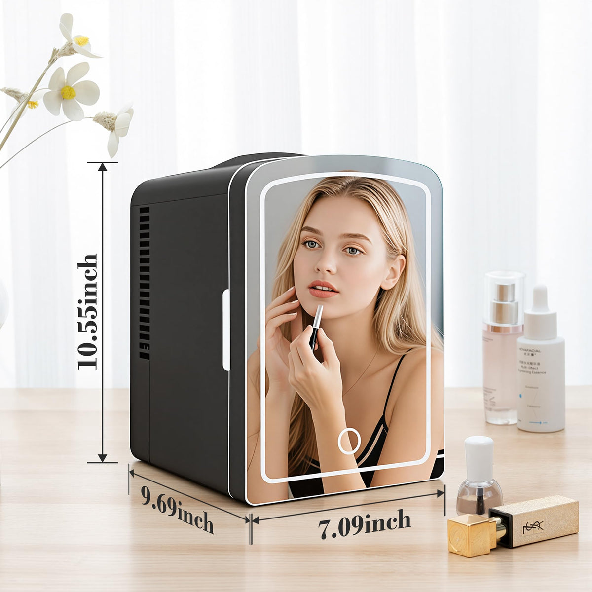 Iceblue Mini Fridge, Skincare Fridge with Dimmable LED Light Mirror, 4 Liter /6 Cans Small Refrigerator for Beauty & Beverages,Mini Fridge for Bedroom, Car, Office & Dorm, Gift - Black