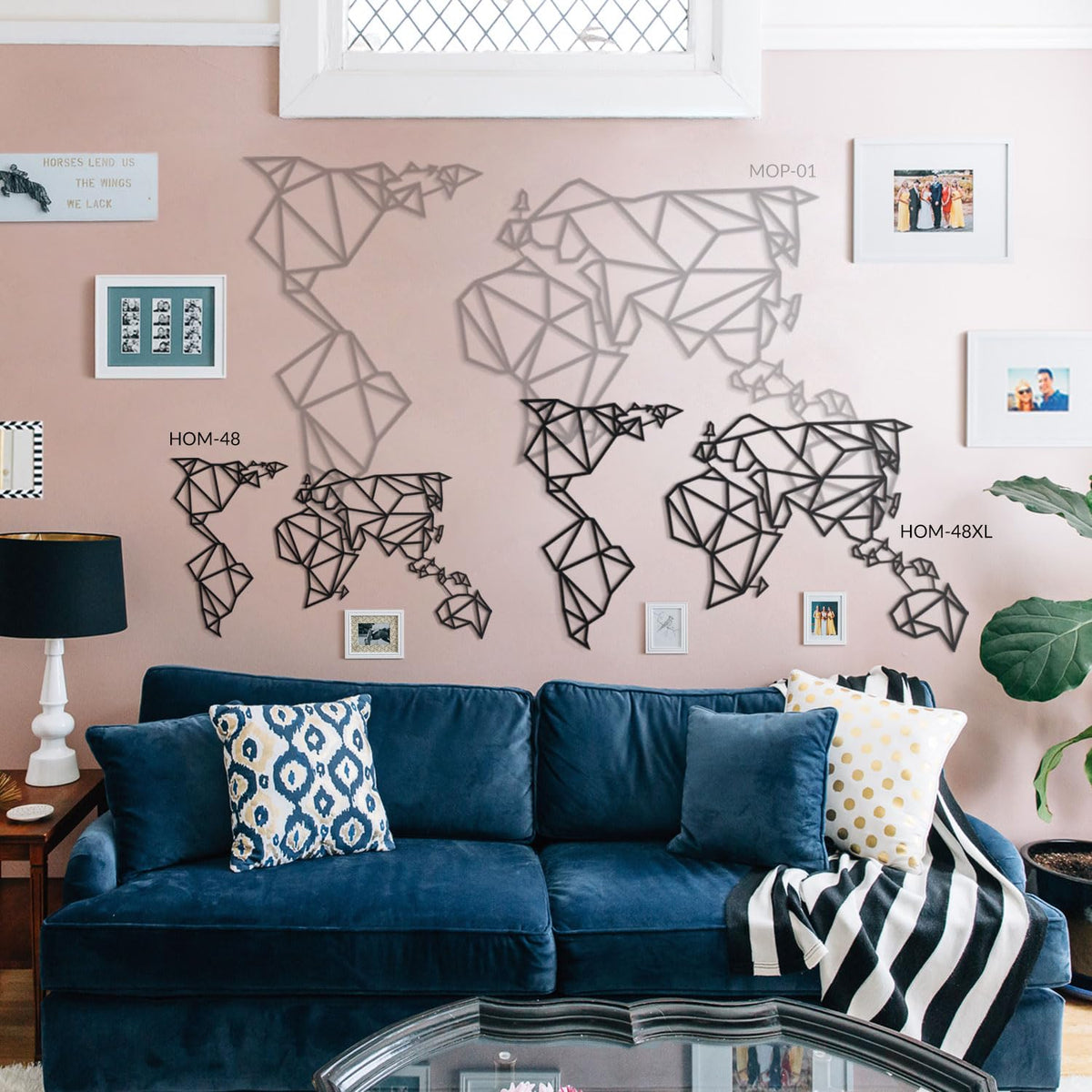 BONPERLA Geometric World Map Metal Wall Art - Modern Abstract Global Map Decor for Home Office Living Room Adventure Lovers - Black Metal Sign (30.3" Ć 54.3")