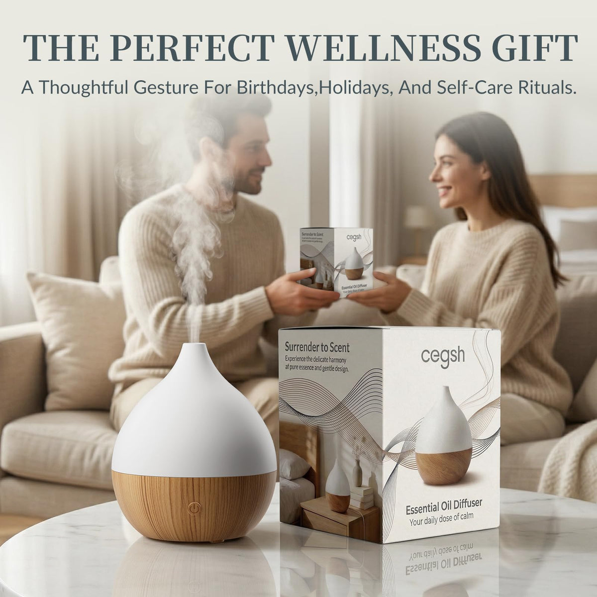 Cegsin Essential Oil Diffuser with Adapter, 100ml Small Aromatherapy Scent Machine for Home & Office Desk, 7 Color LED Cool Mist Humidifier, Auto Shut-Off, Classic Teardrop White