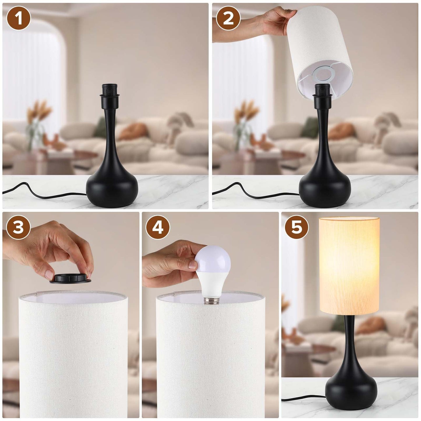 LEDIKON Mid Century Modern Droplet Table Lamp,Touch Control & 3-Way Dimmable,No Assembly Required Cylinder Shade,Black Vintage Farmhouse Bedside Lamp for Bedroom,Nightstand,Living Room,Office