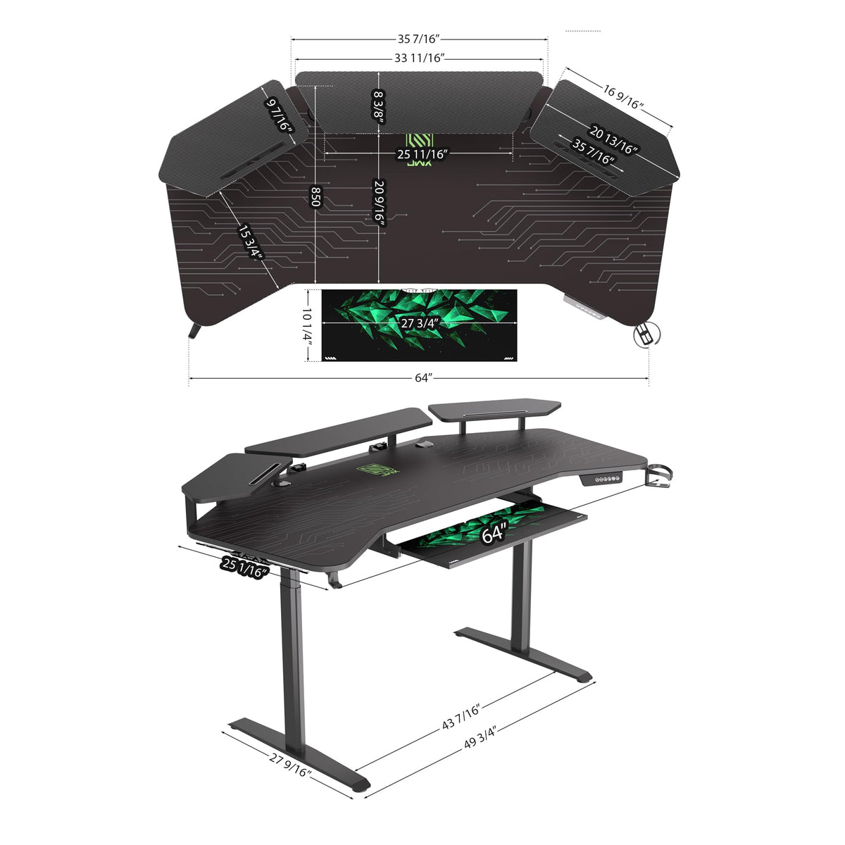 JWX 72" Height Adjustable Gaming Desk, 3-Zone Creator Workstation with Acrylic RGB Lighting, Keyboard Tray & Full Desk Mouse Pad, Dual Motor Sit Stand Desk for Streaming, Studio & Home Office