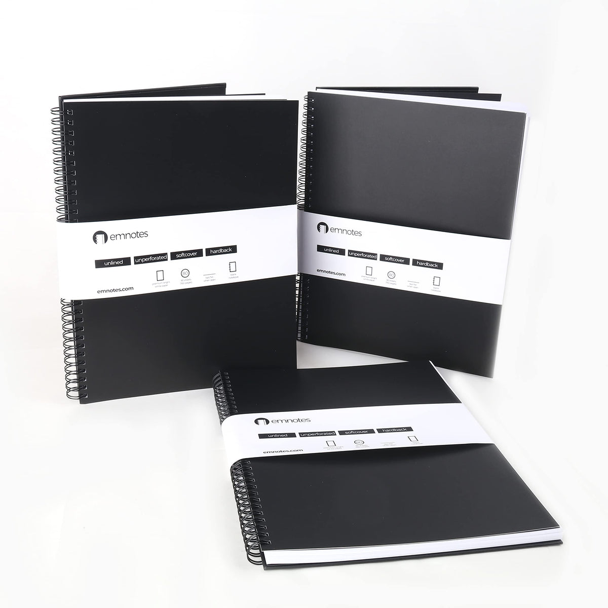 Emnotes Unruled Notebook, Unlined Blank Paper, 8.5 x 11 Inches, 80 Sheets, Black Softcover (Pack of 3)