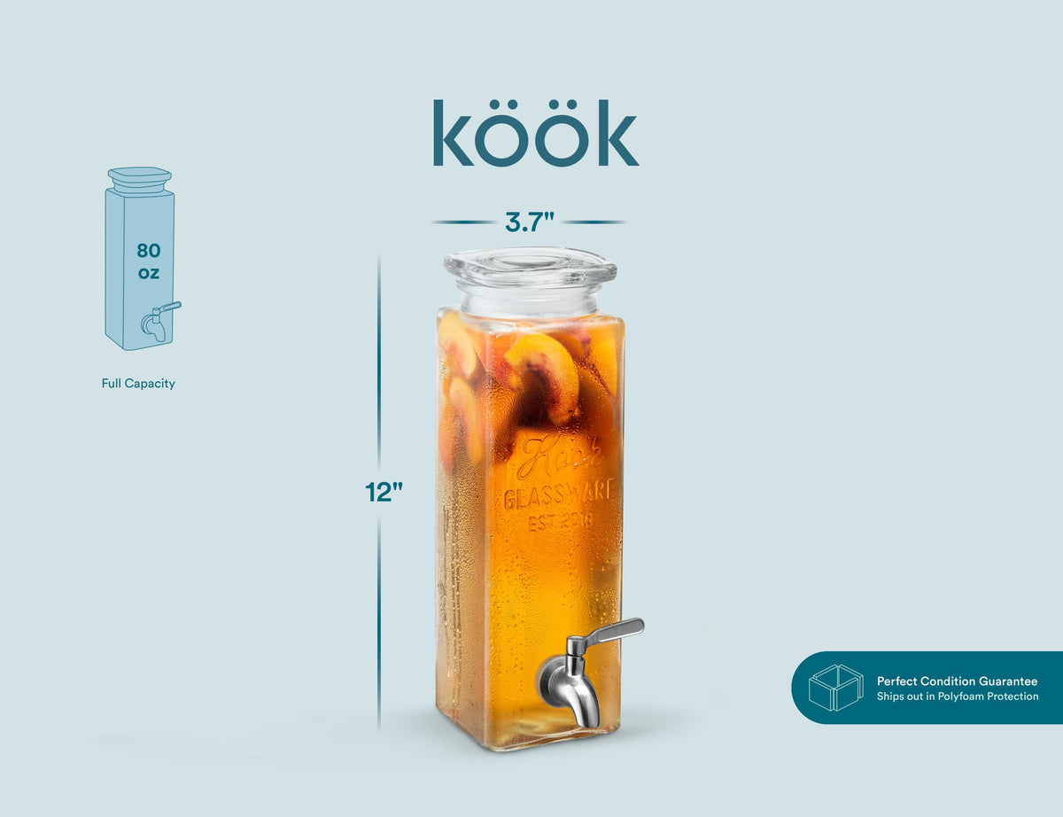 Kook Drink Dispenser, 80 oz, Water Dispenser Countertop, Glass Drink Dispenser, Beverage dispenser, with Leak-Proof Spigot, Clear Rectangular Jar, Storage for Party, Fridge, for Water, Iced Tea