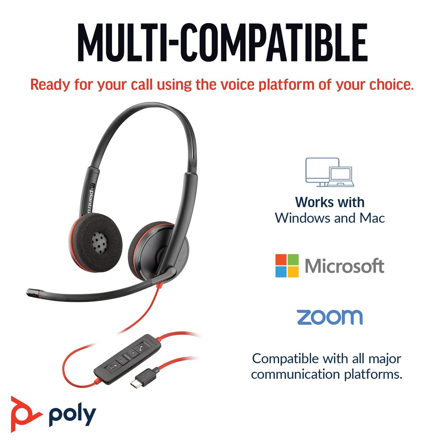Poly Blackwire 3220 Wired Headset with Mic, Hi-Fi Stereo Sound, Noise-Canceling Mic, Stereo Design, Connect to PC via USB-C & USB-A Adapter, Over-Ear Design, Works with Virtual Meeting Platforms