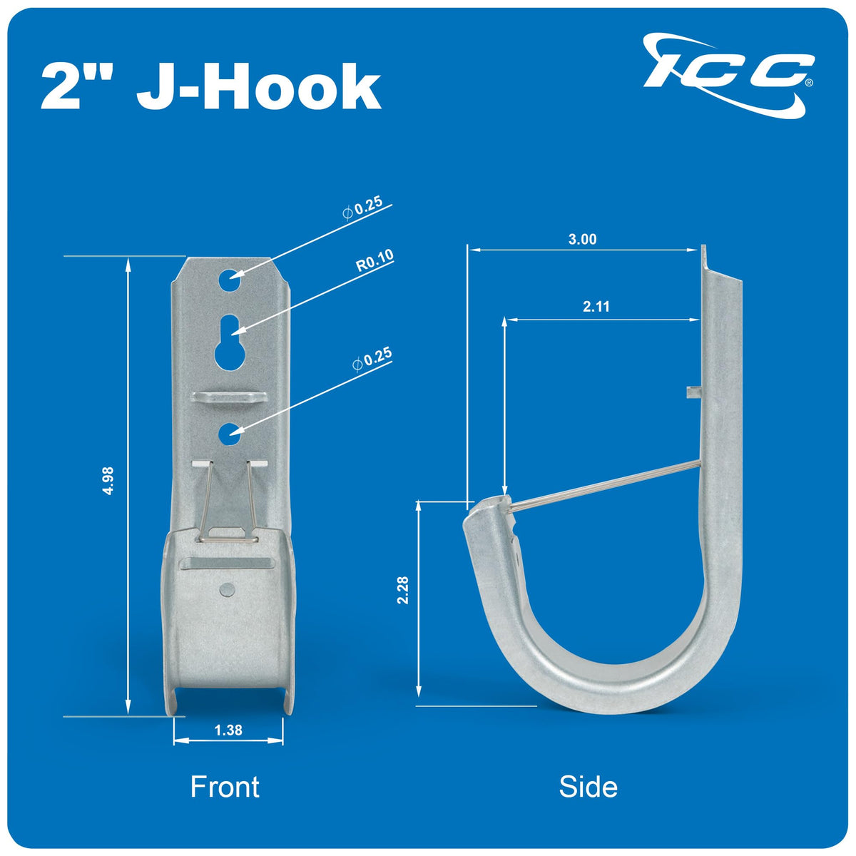 ICC 2” Wall Mount J - Hook with Retainer Clip for Structured Cabling - Galvanized Steel Cable Management Hooks, Rust-Resistant, TIA/EIA Compliant- 25-Pack