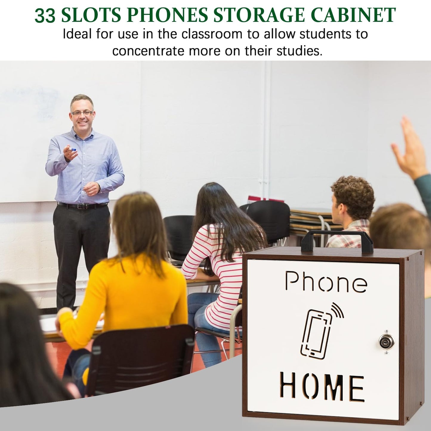 Echaprey Cell Phone Holder Classroom Adjustable 33 Slots Pocket Chart Wooden Cell Phone Storage Cabinet with Handle and Lock Desktop Cell Phone Holder for Classroom Office (Black Walnut)