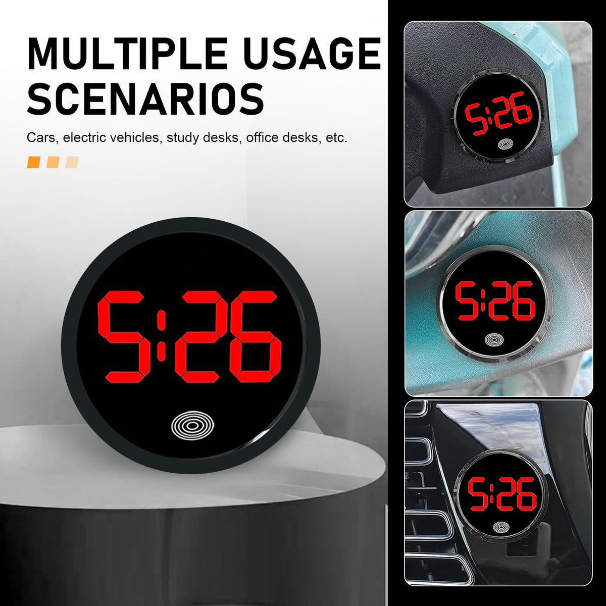 Zehiony Car Digital Clock, Touch Night Light LED Display Screen Clock, Round Shock-Resistant Alloy Dashboard Watch with 12H System, Self-Adhesive Mini Watch for Car & Home & Office (Red)