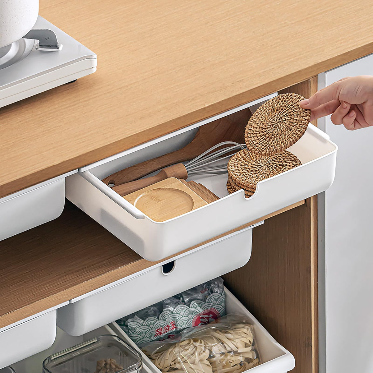 PitorKiter Under Desk Drawer, 2 Pack Large and Medium Hidden Self-Adhesive Under Desk Organisers for Storage of Cutlery, Office Supplies, Stationery and Cosmetics (White-2)