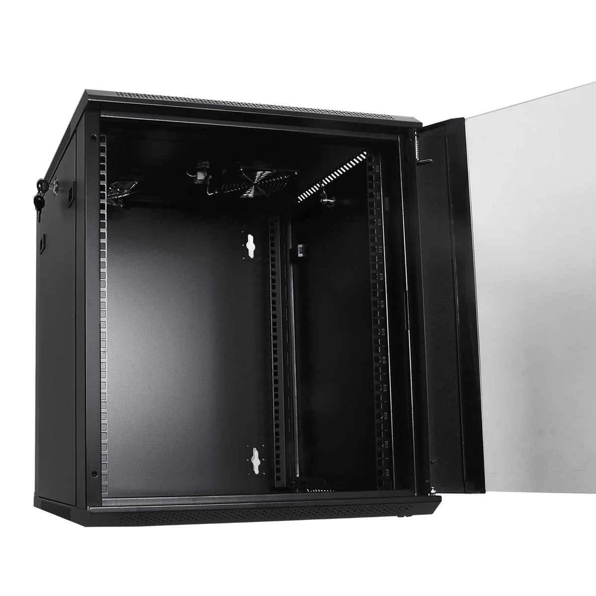RackPath 12U Wall Mount Network Rack Cabinet – Quiet Cooling Fan, Locking Glass Door, 17.7" Deep (450mm), Removable Locking Side Panels, Fits 19" IT & A/V Equipment