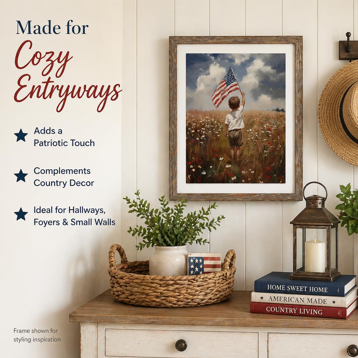 America the Beautiful Painting-11x14 Unframed Poster- Boy Holding American Flag in Meadow of Wildflowers, 4th of July Living Room or Kids Room Decor, USA Freedom Landscape, Youthful Patriotism Artwork