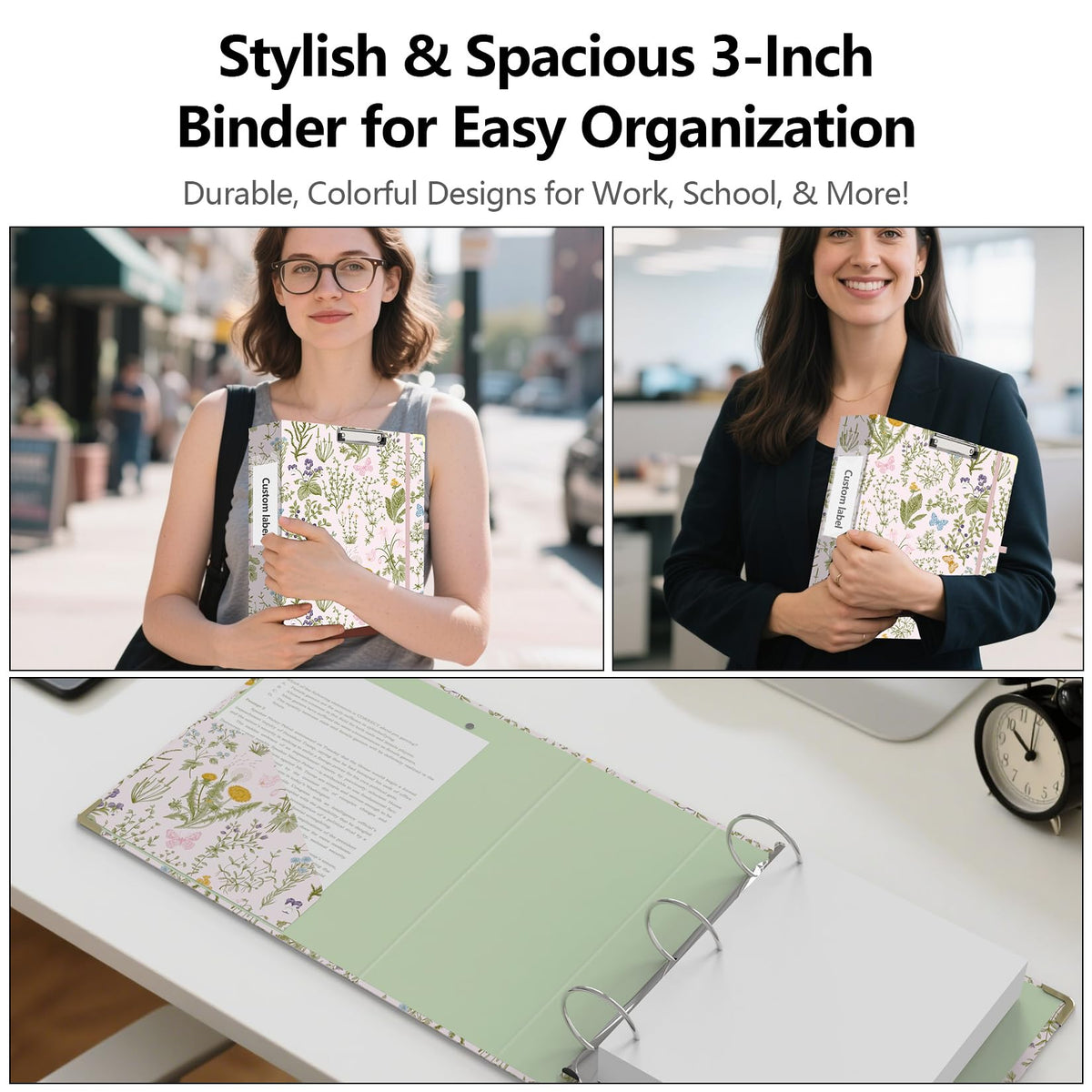 3 Ring Binder 3 Inch, Cute Round Ring Binders with 6 Tab Dividers, Labels Stickers, Low Profile Clipboard with Storage, Fashion Binder School Office Supplies(Wild Flowers)