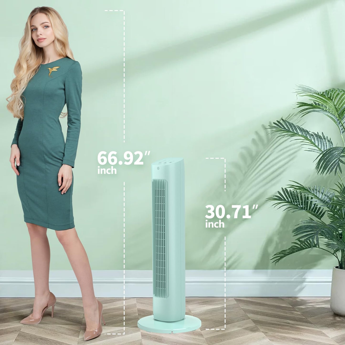 Antarctic Star Tower Fan 85°Oscillating Quiet Cooling 15H Timer Remote Control Powerful Standing 3 Wind Speed 3 Wind Modes LED Display Bladeless Portable LED Display,Bedroom Office, Green