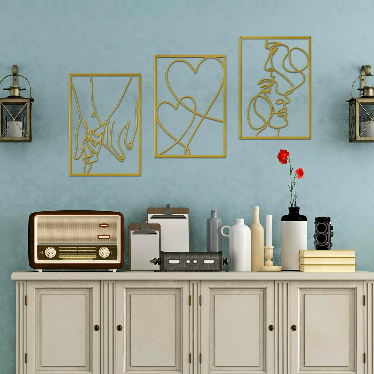 ESTART 3 Pieces Metal Minimalist Line Wall Art, Valentine's Day Lover Kiss Hand Metal Wall Decor, Aesthetic Modern Home Hanging Wall Art Decor for Bedroom Bathroom Living Room (Gold)