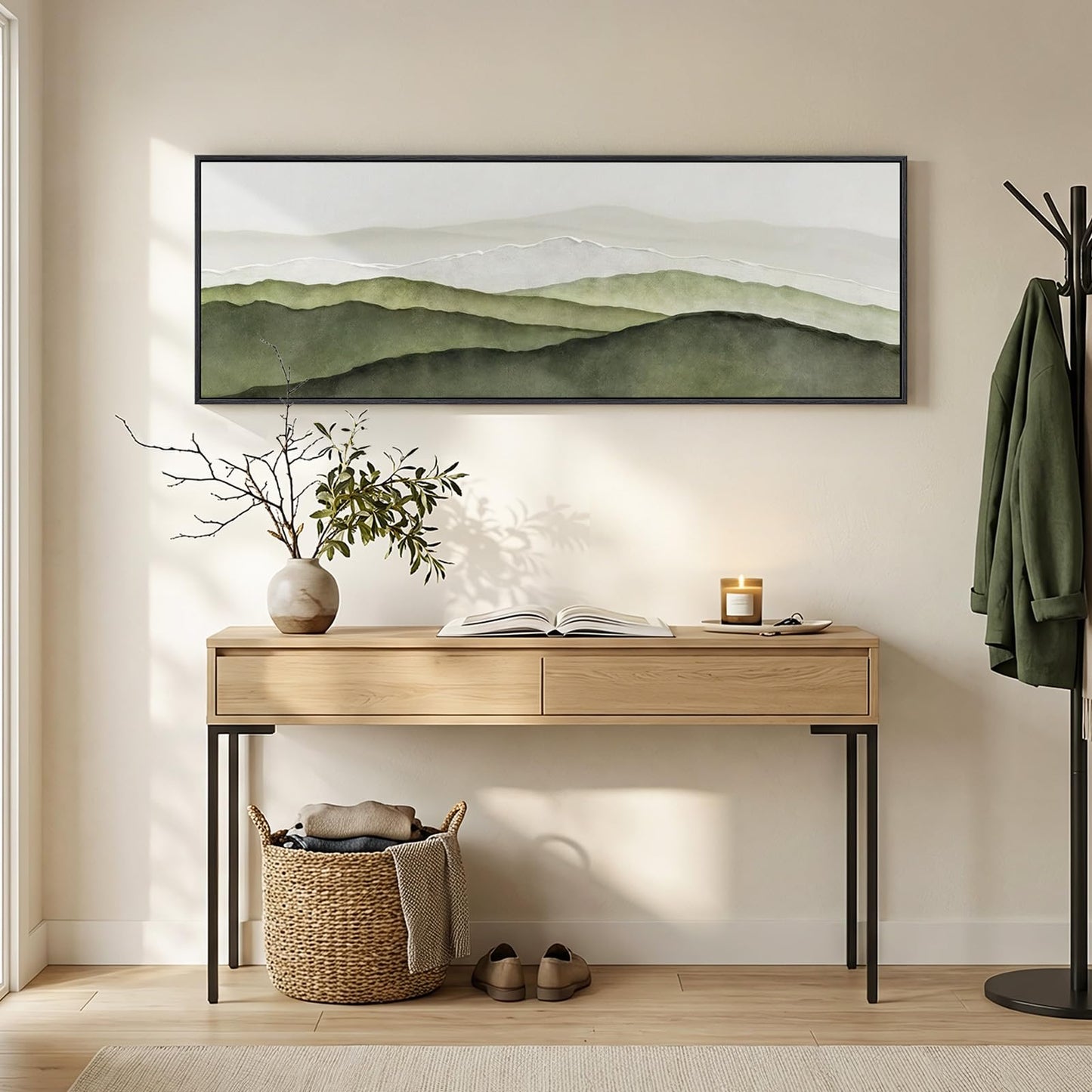 Large Framed Green Abstract Mountain Wall Art for Living Room, Long Narrow Modern Landscape Canvas Prints Paintings for Walls, Horizontal Nature Pictures Wall Decor for Bedroom Dinning Room, 20x60 In