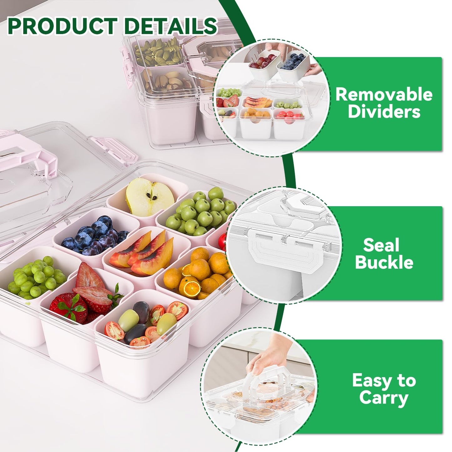 REBECAT Divided Serving Tray with Lid and Handles 9 Compartments Snack Box Container Charcuterie Organizer Snackle Box Container for Candy,Nuts,Fruits,Snacks,2 Pack,Pink