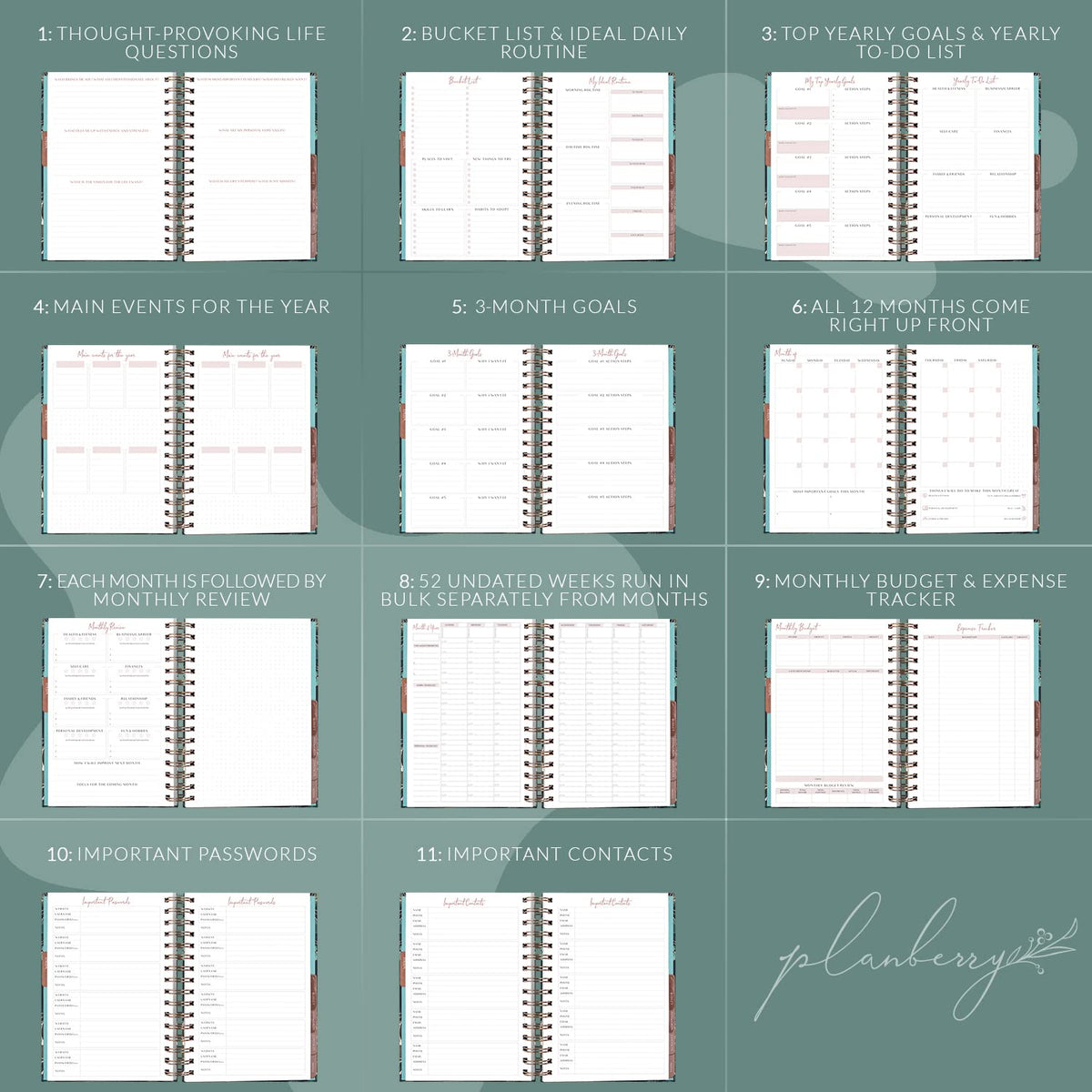 PLANBERRY Hourly Schedule Planner Premium – Undated Weekly Organizer with Time Slots & Monthly Budget – Time Management, Goal Setting, to-Do List & Habit Tracker –6.9″x8.5″(Green Pastures)